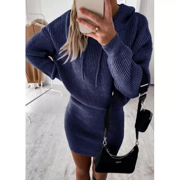imagePRETTYGARDEN Womens Winter Rib Knit Pullover Sweater 2023 Fashion Fall Dresses Long Sleeve Hooded Bodycon DressNavy