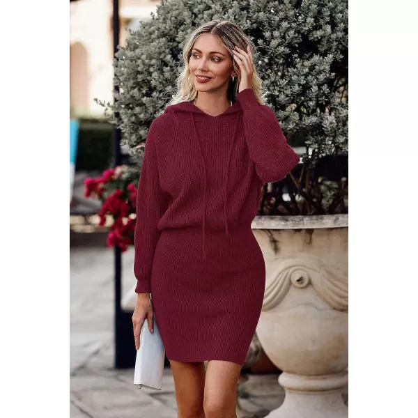 imagePRETTYGARDEN Womens Winter Rib Knit Pullover Sweater 2023 Fashion Fall Dresses Long Sleeve Hooded Bodycon DressRed
