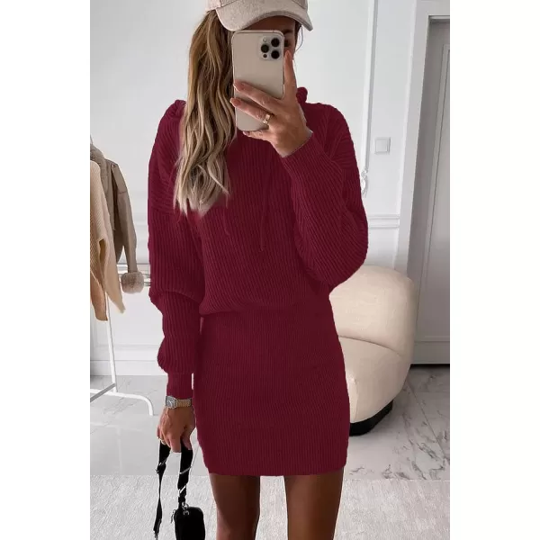imagePRETTYGARDEN Womens Winter Rib Knit Pullover Sweater 2023 Fashion Fall Dresses Long Sleeve Hooded Bodycon DressRed