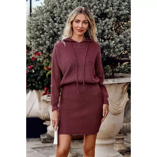 imagePRETTYGARDEN Womens Winter Rib Knit Pullover Sweater 2023 Fashion Fall Dresses Long Sleeve Hooded Bodycon DressWine Red