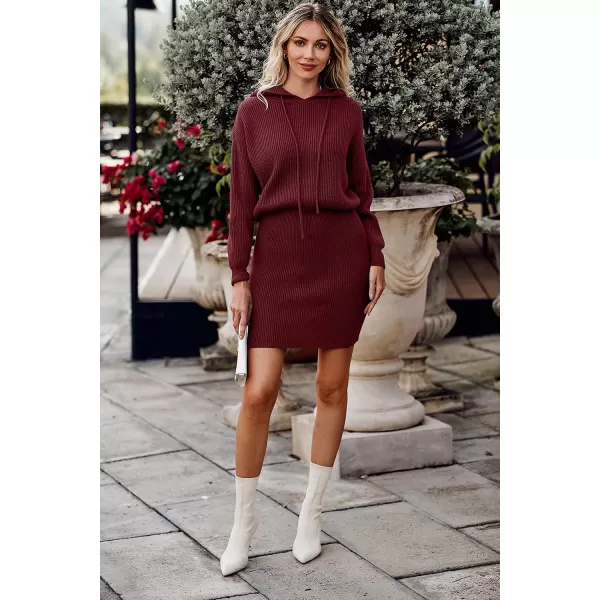 imagePRETTYGARDEN Womens Winter Rib Knit Pullover Sweater 2023 Fashion Fall Dresses Long Sleeve Hooded Bodycon DressWine Red