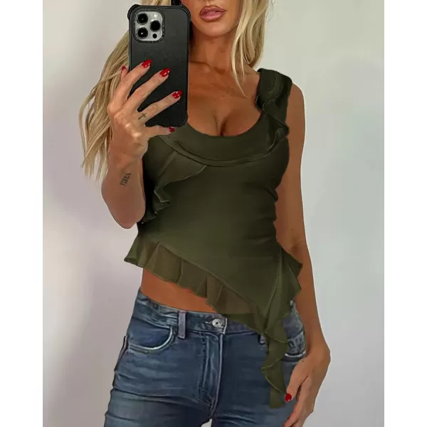 imagePRETTYGARDEN Womens Y2K Going Out Crop Top 2024 Summer Sleeveless Asymmetrical Mesh Tank Top Fitted Party TopsArmy Green