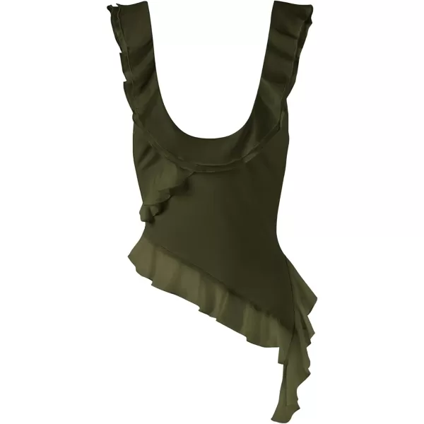imagePRETTYGARDEN Womens Y2K Going Out Crop Top 2024 Summer Sleeveless Asymmetrical Mesh Tank Top Fitted Party TopsArmy Green