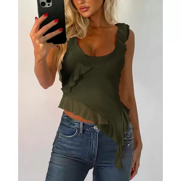 imagePRETTYGARDEN Womens Y2K Going Out Crop Top 2024 Summer Sleeveless Asymmetrical Mesh Tank Top Fitted Party TopsArmy Green
