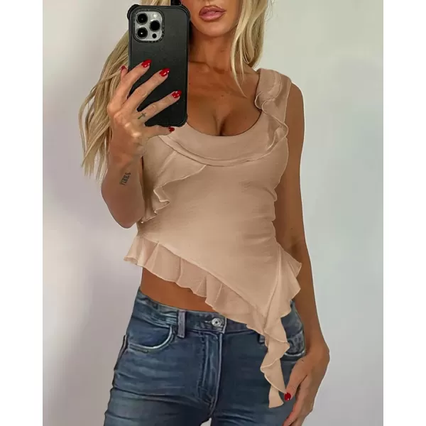 imagePRETTYGARDEN Womens Y2K Going Out Crop Top 2024 Summer Sleeveless Asymmetrical Mesh Tank Top Fitted Party TopsBeige