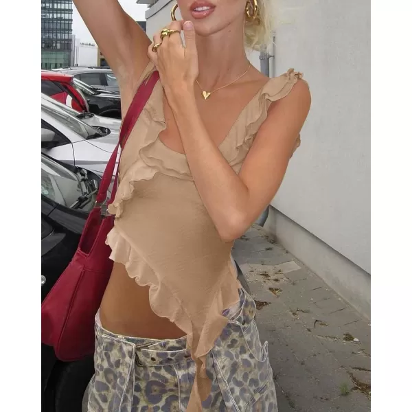 imagePRETTYGARDEN Womens Y2K Going Out Crop Top 2024 Summer Sleeveless Asymmetrical Mesh Tank Top Fitted Party TopsBeige