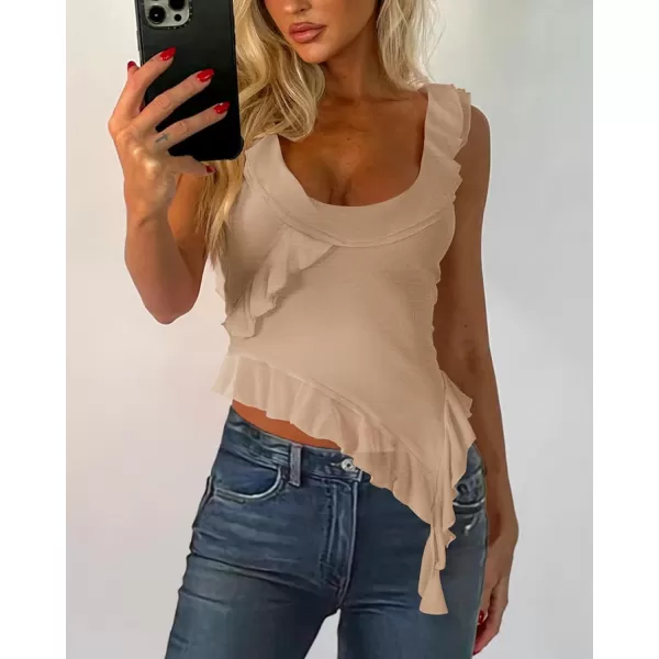 imagePRETTYGARDEN Womens Y2K Going Out Crop Top 2024 Summer Sleeveless Asymmetrical Mesh Tank Top Fitted Party TopsBeige
