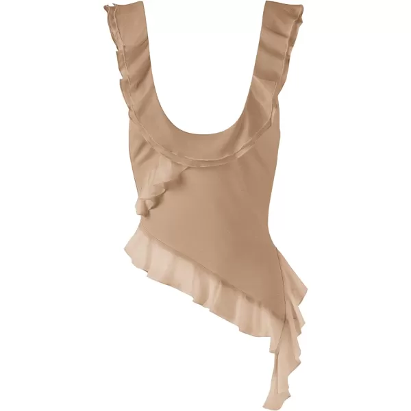 imagePRETTYGARDEN Womens Y2K Going Out Crop Top 2024 Summer Sleeveless Asymmetrical Mesh Tank Top Fitted Party TopsBeige