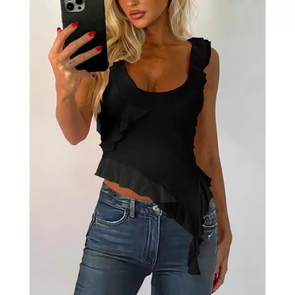 imagePRETTYGARDEN Womens Y2K Going Out Crop Top 2024 Summer Sleeveless Asymmetrical Mesh Tank Top Fitted Party TopsBlack