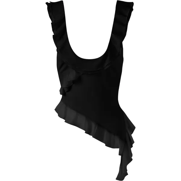 imagePRETTYGARDEN Womens Y2K Going Out Crop Top 2024 Summer Sleeveless Asymmetrical Mesh Tank Top Fitted Party TopsBlack