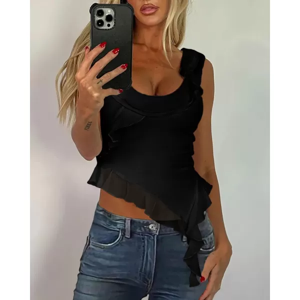 imagePRETTYGARDEN Womens Y2K Going Out Crop Top 2024 Summer Sleeveless Asymmetrical Mesh Tank Top Fitted Party TopsBlack