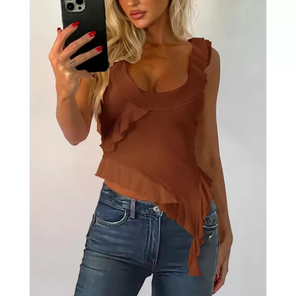 imagePRETTYGARDEN Womens Y2K Going Out Crop Top 2024 Summer Sleeveless Asymmetrical Mesh Tank Top Fitted Party TopsCaramel