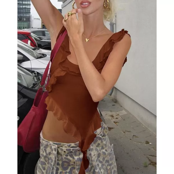 imagePRETTYGARDEN Womens Y2K Going Out Crop Top 2024 Summer Sleeveless Asymmetrical Mesh Tank Top Fitted Party TopsCaramel