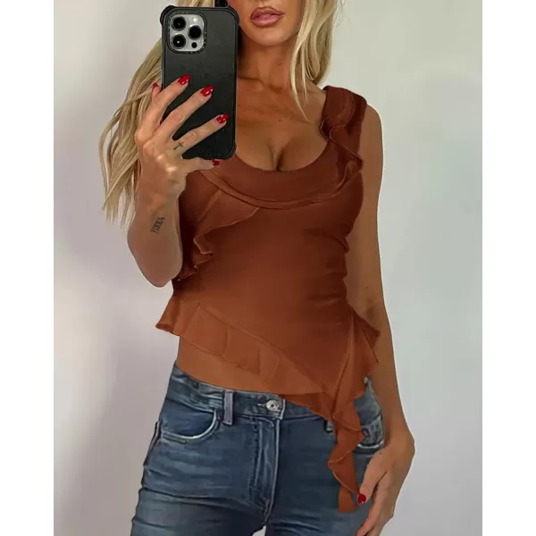 imagePRETTYGARDEN Womens Y2K Going Out Crop Top 2024 Summer Sleeveless Asymmetrical Mesh Tank Top Fitted Party TopsCaramel