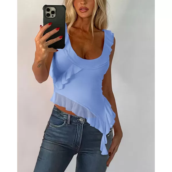 imagePRETTYGARDEN Womens Y2K Going Out Crop Top 2024 Summer Sleeveless Asymmetrical Mesh Tank Top Fitted Party TopsLight Blue