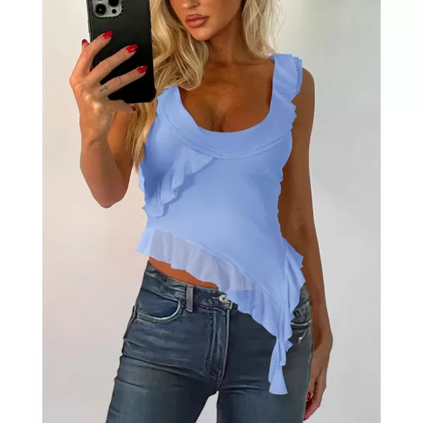 imagePRETTYGARDEN Womens Y2K Going Out Crop Top 2024 Summer Sleeveless Asymmetrical Mesh Tank Top Fitted Party TopsLight Blue
