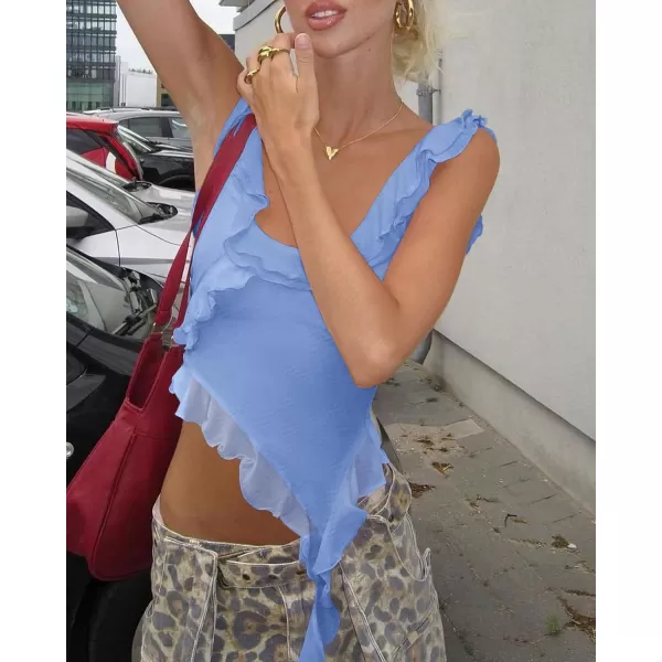 imagePRETTYGARDEN Womens Y2K Going Out Crop Top 2024 Summer Sleeveless Asymmetrical Mesh Tank Top Fitted Party TopsLight Blue
