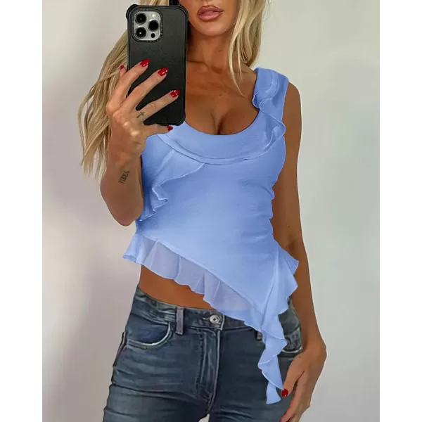 imagePRETTYGARDEN Womens Y2K Going Out Crop Top 2024 Summer Sleeveless Asymmetrical Mesh Tank Top Fitted Party TopsLight Blue