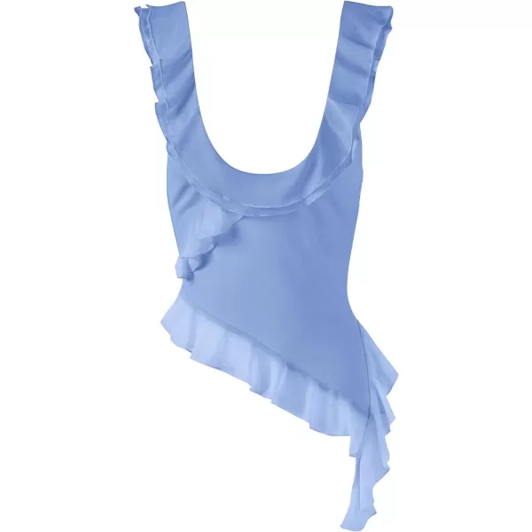 imagePRETTYGARDEN Womens Y2K Going Out Crop Top 2024 Summer Sleeveless Asymmetrical Mesh Tank Top Fitted Party TopsLight Blue
