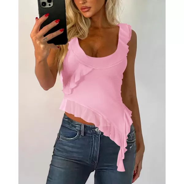 imagePRETTYGARDEN Womens Y2K Going Out Crop Top 2024 Summer Sleeveless Asymmetrical Mesh Tank Top Fitted Party TopsPink