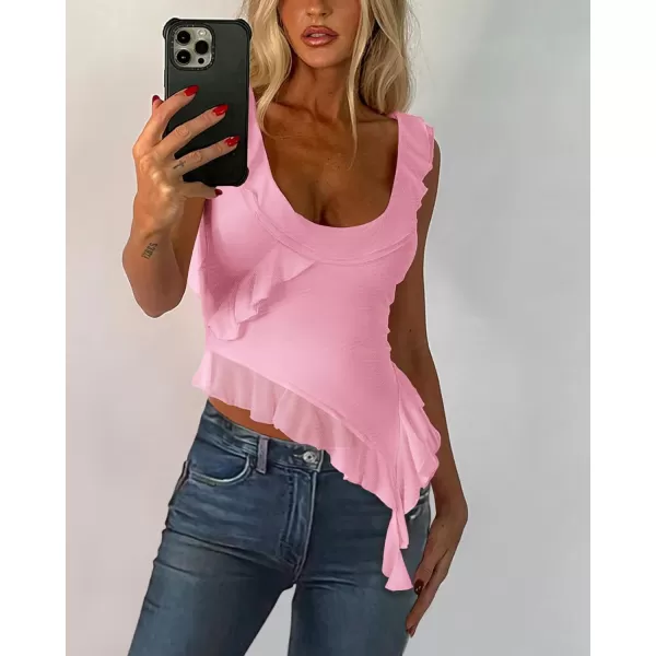 imagePRETTYGARDEN Womens Y2K Going Out Crop Top 2024 Summer Sleeveless Asymmetrical Mesh Tank Top Fitted Party TopsPink