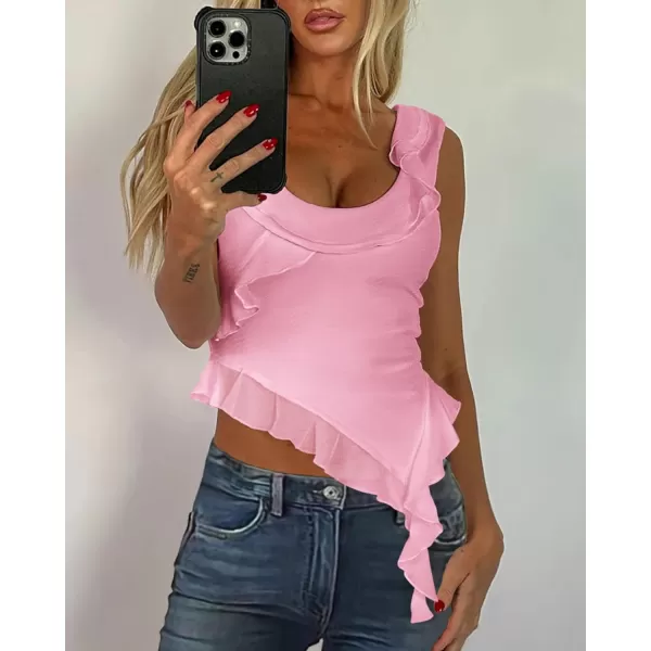 imagePRETTYGARDEN Womens Y2K Going Out Crop Top 2024 Summer Sleeveless Asymmetrical Mesh Tank Top Fitted Party TopsPink