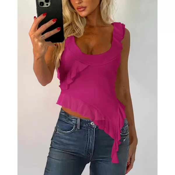 imagePRETTYGARDEN Womens Y2K Going Out Crop Top 2024 Summer Sleeveless Asymmetrical Mesh Tank Top Fitted Party TopsRose Red