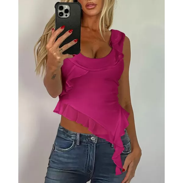 imagePRETTYGARDEN Womens Y2K Going Out Crop Top 2024 Summer Sleeveless Asymmetrical Mesh Tank Top Fitted Party TopsRose Red