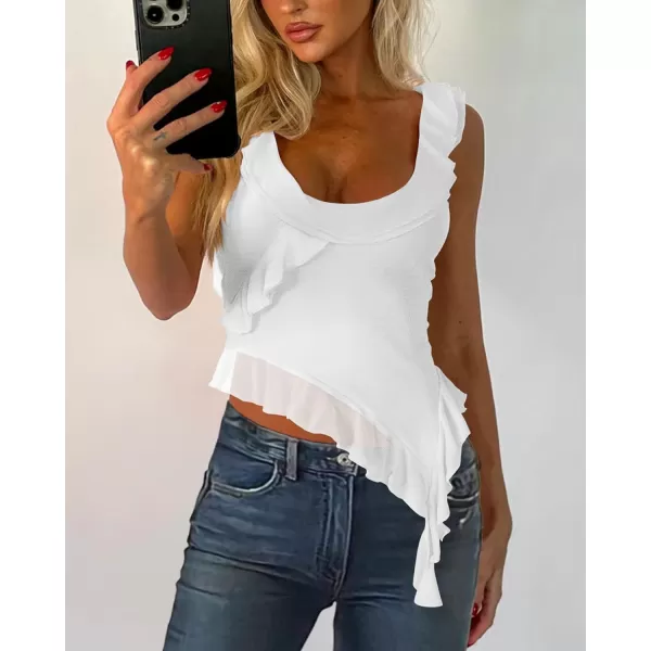 imagePRETTYGARDEN Womens Y2K Going Out Crop Top 2024 Summer Sleeveless Asymmetrical Mesh Tank Top Fitted Party TopsWhite