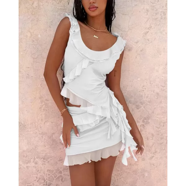 imagePRETTYGARDEN Womens Y2K Going Out Crop Top 2024 Summer Sleeveless Asymmetrical Mesh Tank Top Fitted Party TopsWhite