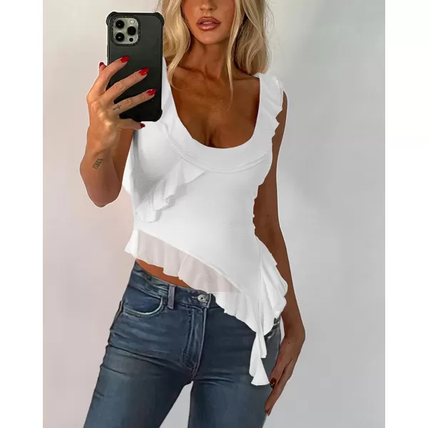 imagePRETTYGARDEN Womens Y2K Going Out Crop Top 2024 Summer Sleeveless Asymmetrical Mesh Tank Top Fitted Party TopsWhite