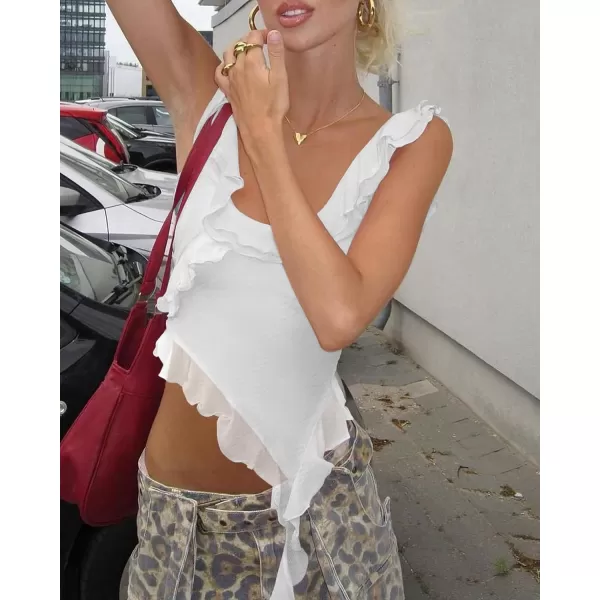 imagePRETTYGARDEN Womens Y2K Going Out Crop Top 2024 Summer Sleeveless Asymmetrical Mesh Tank Top Fitted Party TopsWhite