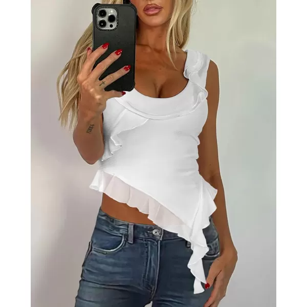 imagePRETTYGARDEN Womens Y2K Going Out Crop Top 2024 Summer Sleeveless Asymmetrical Mesh Tank Top Fitted Party TopsWhite