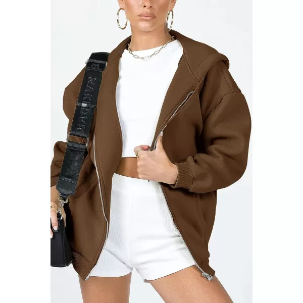 imagePRETTYGARDEN Womens Zip Up Y2K Hoodies Casual Long Sleeve Track Jackets With PocketsBrown