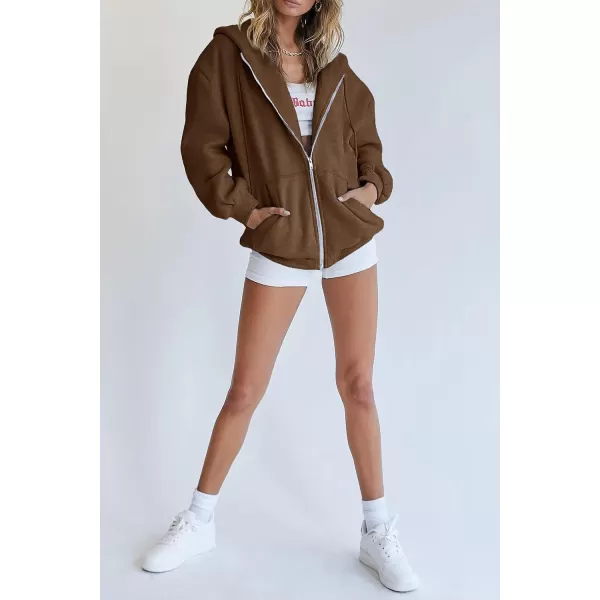 imagePRETTYGARDEN Womens Zip Up Y2K Hoodies Casual Long Sleeve Track Jackets With PocketsBrown