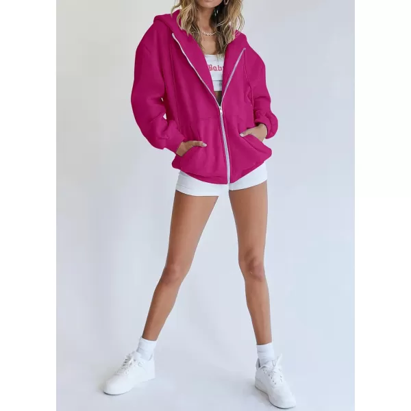 imagePRETTYGARDEN Womens Zip Up Y2K Hoodies Casual Long Sleeve Track Jackets With PocketsRose Red