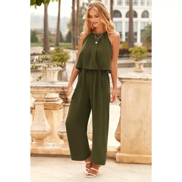 imagePRETTYGRADEN Womens Casual Summer Sleeveless Jumpsuit Halter Neck Wide Leg Pants Rompers One Piece OutfitsArmy Green