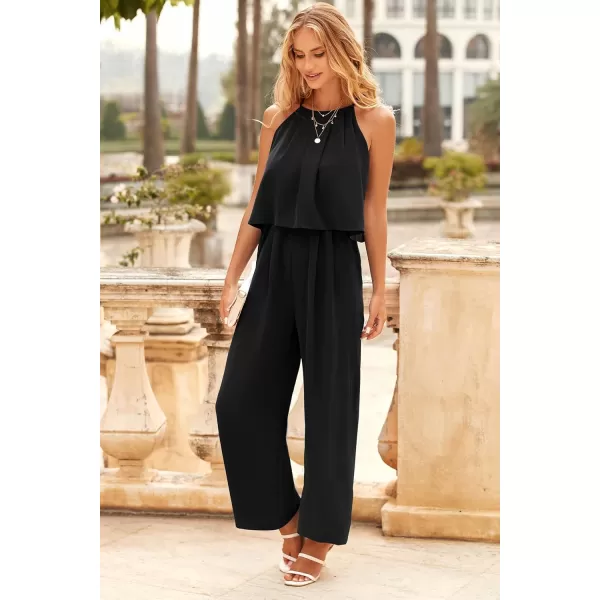 imagePRETTYGRADEN Womens Casual Summer Sleeveless Jumpsuit Halter Neck Wide Leg Pants Rompers One Piece OutfitsBlack