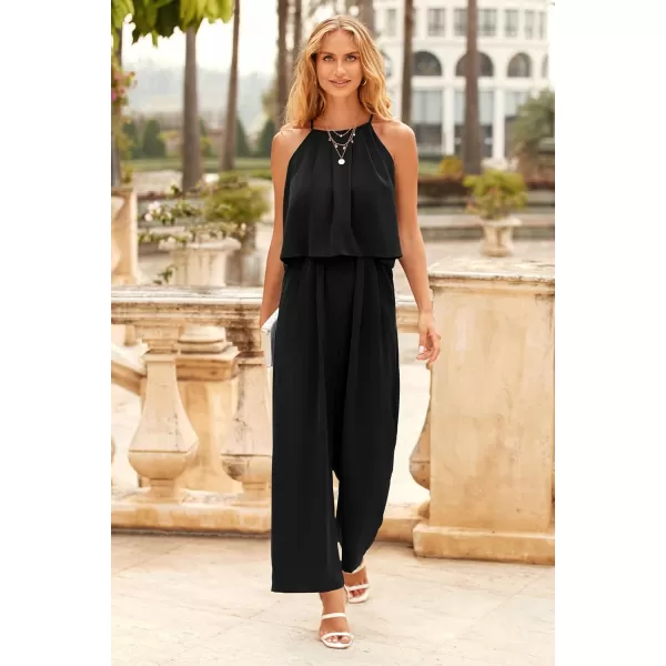 imagePRETTYGRADEN Womens Casual Summer Sleeveless Jumpsuit Halter Neck Wide Leg Pants Rompers One Piece OutfitsBlack