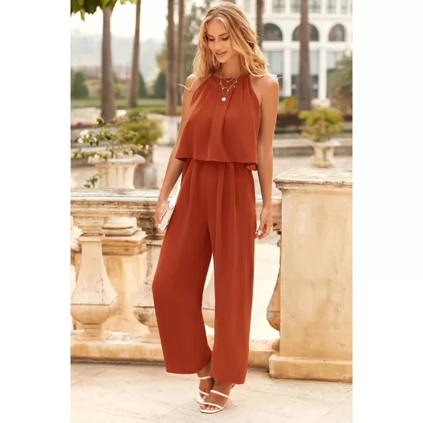 imagePRETTYGRADEN Womens Casual Summer Sleeveless Jumpsuit Halter Neck Wide Leg Pants Rompers One Piece OutfitsBrown