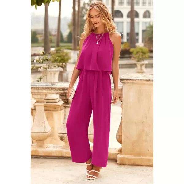 imagePRETTYGRADEN Womens Casual Summer Sleeveless Jumpsuit Halter Neck Wide Leg Pants Rompers One Piece OutfitsRose Red