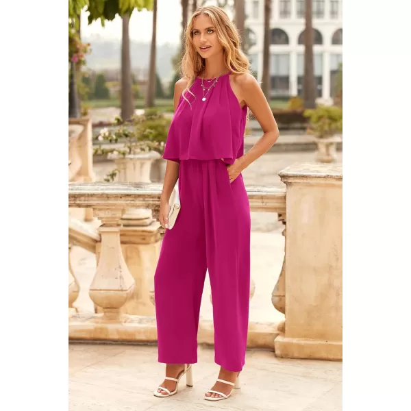 imagePRETTYGRADEN Womens Casual Summer Sleeveless Jumpsuit Halter Neck Wide Leg Pants Rompers One Piece OutfitsRose Red