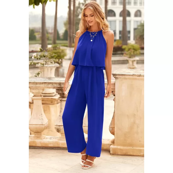 imagePRETTYGRADEN Womens Casual Summer Sleeveless Jumpsuit Halter Neck Wide Leg Pants Rompers One Piece OutfitsRoyal Blue