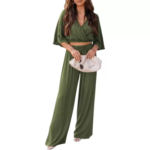 imagePRETTYGARDEN 2 Piece Outfits for Women 2023 Summer Short Sleeve Wrap V Neck Crop Tops Wide Leg Pants SetArmy Green