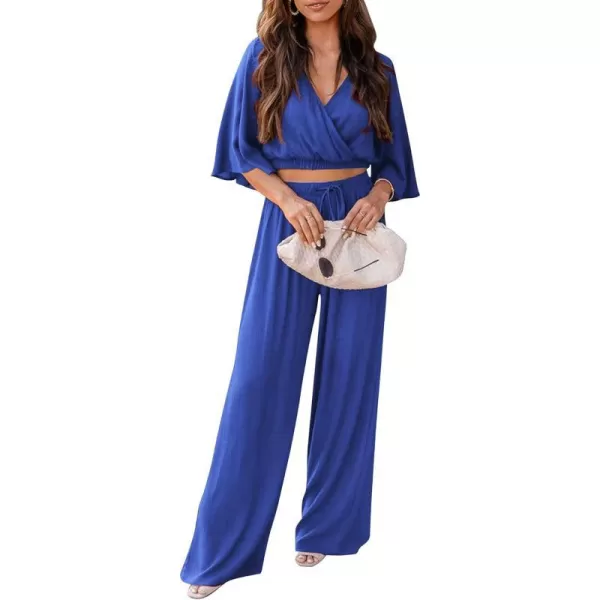 imagePRETTYGARDEN 2 Piece Outfits for Women 2023 Summer Short Sleeve Wrap V Neck Crop Tops Wide Leg Pants SetDark Blue