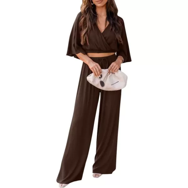 imagePRETTYGARDEN 2 Piece Outfits for Women 2023 Summer Short Sleeve Wrap V Neck Crop Tops Wide Leg Pants SetDark Brown