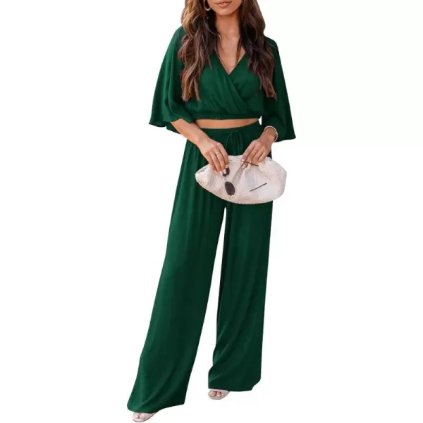 imagePRETTYGARDEN 2 Piece Outfits for Women 2023 Summer Short Sleeve Wrap V Neck Crop Tops Wide Leg Pants SetDark Green