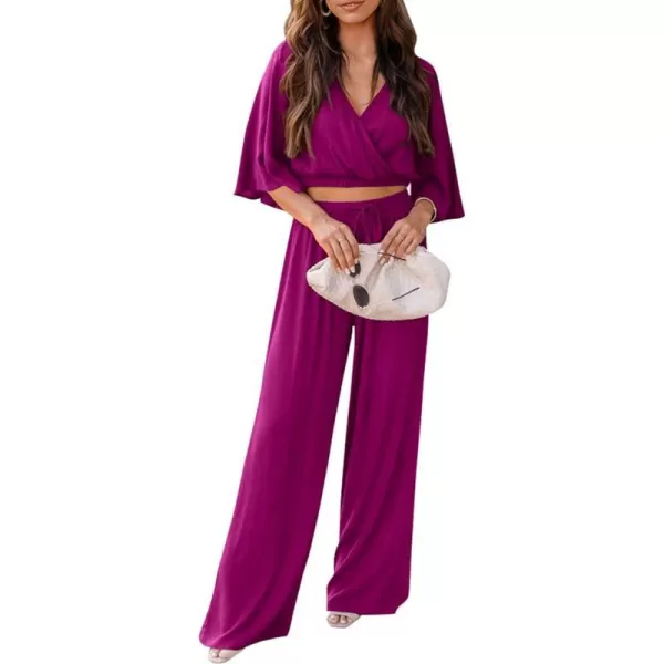 imagePRETTYGARDEN 2 Piece Outfits for Women 2023 Summer Short Sleeve Wrap V Neck Crop Tops Wide Leg Pants SetPurple Red