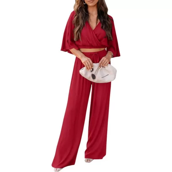 imagePRETTYGARDEN 2 Piece Outfits for Women 2023 Summer Short Sleeve Wrap V Neck Crop Tops Wide Leg Pants SetRed