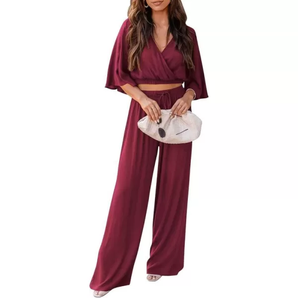 imagePRETTYGARDEN 2 Piece Outfits for Women 2023 Summer Short Sleeve Wrap V Neck Crop Tops Wide Leg Pants SetWine Red
